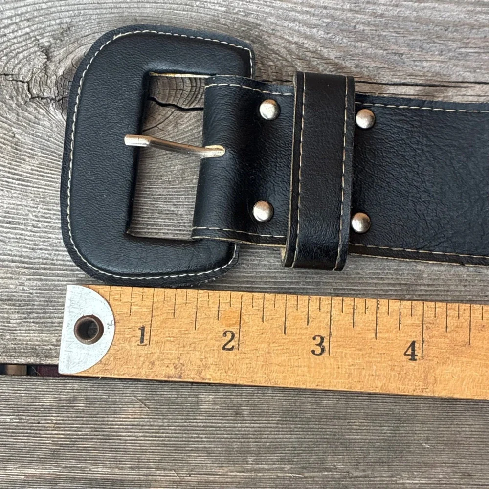Vintage Wide Black Leather Waist Belt Covered Square Buckle Contrast Stitching